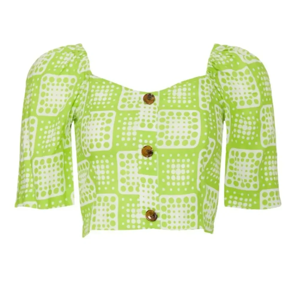 The Odells Patchwork Crop Top LARGE Bright Green Smocked Linen Designer $148 - Picture 2 of 10